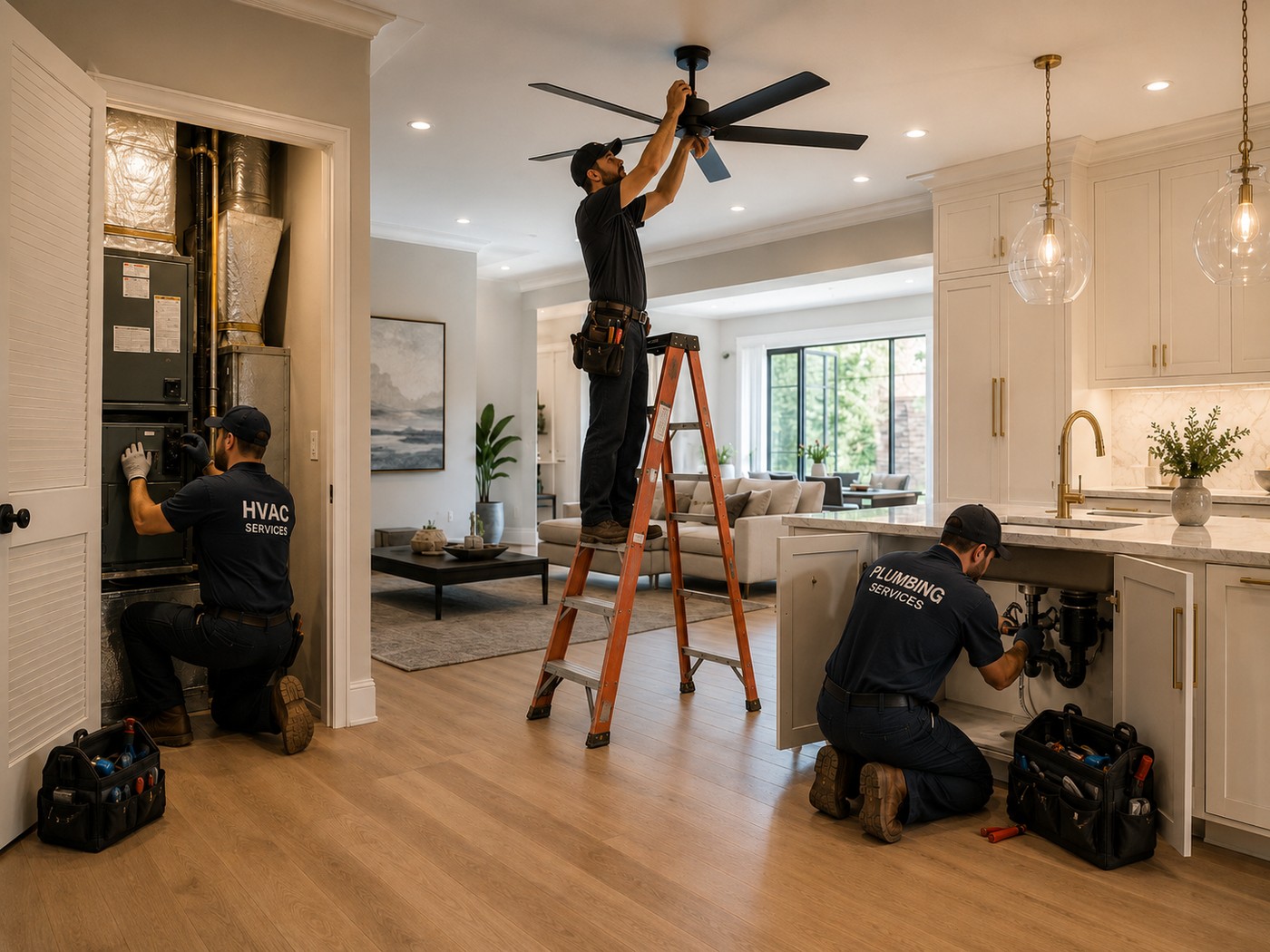 HVAC, electrical, and plumbing technicians working inside a home